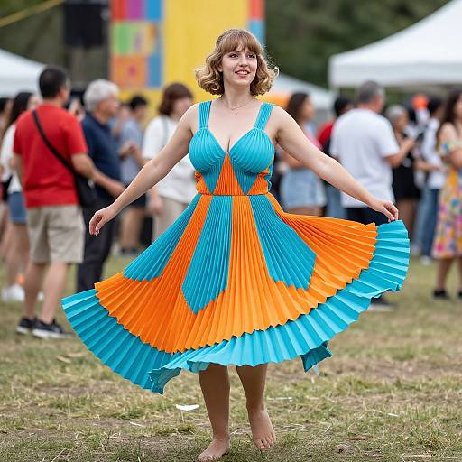 Photograph of a smiling woman with curly brown hair, wearing a vibrant blue and orange pleated dress, dancing outdoors at a colorful, crowded festival.