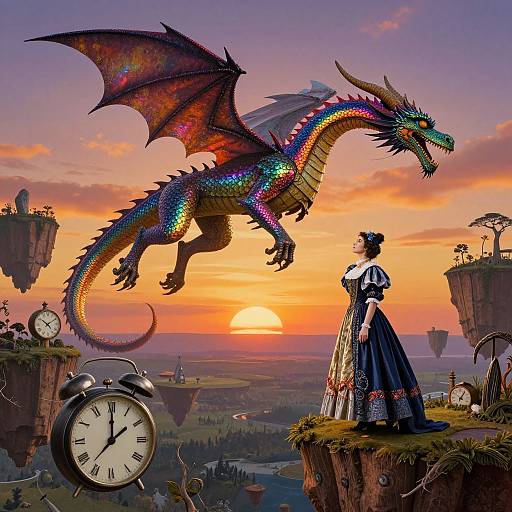 Digital fantasy artwork: Vibrant, rainbow-scaled dragon with open mouth flies over sunset sky, beside a Victorian woman in ornate dress on cliff,