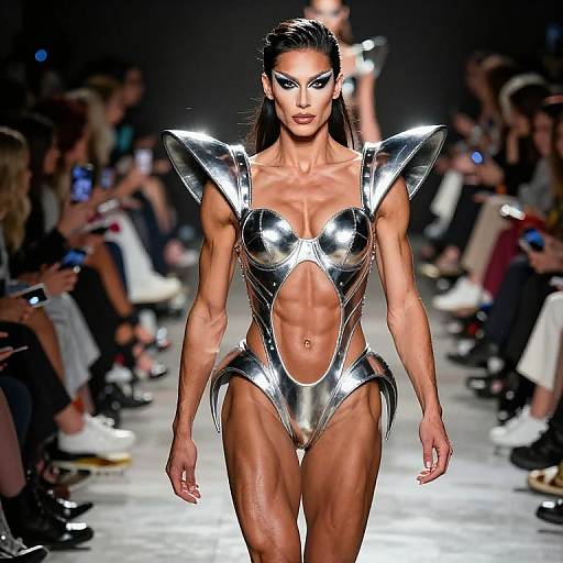 Photograph of a muscular, tan-skinned female model with black hair, wearing a shiny, metallic, high-cut bodysuit with exaggerated shoulder pads