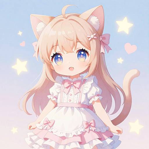 Cute anime-style catgirl with blonde hair, blue eyes, and pink bows, wearing a white frilled dress against a blue background.