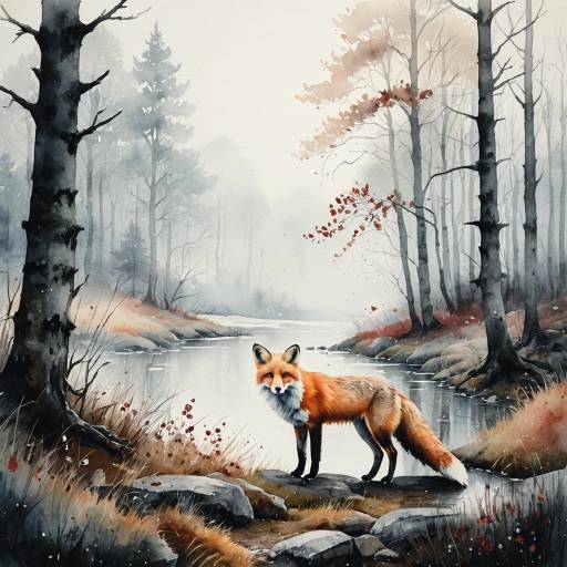 Watercolor Painting of Red Fox in Misty Woodland Watercolor Painting of Red Fox in Misty Woodland