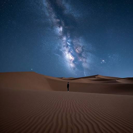 Photograph of a lone figure standing in a vast, starlit desert with rippled sand dunes under a radiant Milky Way.