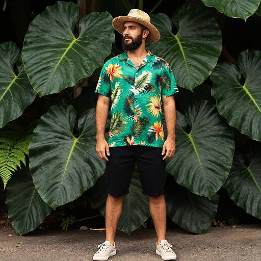 Man in Tropical Shirt and Straw Hat