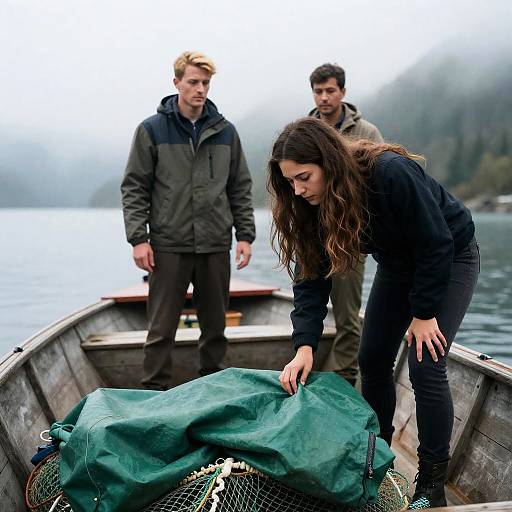 Serene Boat Scene with Three Individuals