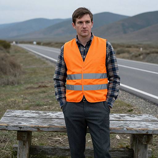 Photograph of a serious, brown-haired man in an orange safety vest, plaid shirt, and gray pants, standing on a rustic bench by a