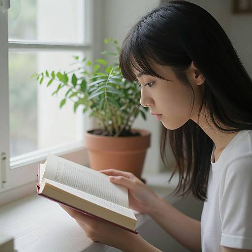 Photograph of an Asian woman with long black hair, white t-shirt, reading a book by a sunlit window, potted plant in background.
