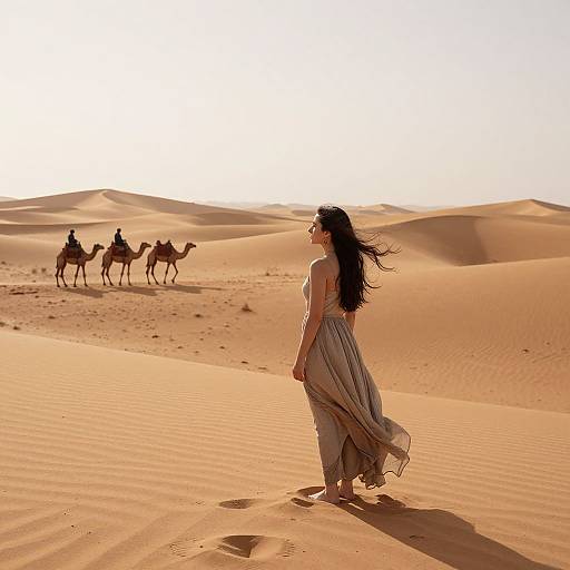 Woman Gazing in Desert with Camels