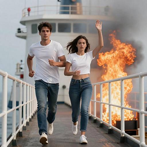Couple Running Across Ship Through Flames