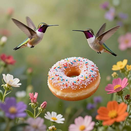 Photograph of two hummingbirds with iridescent green and purple feathers hovering above a colorful, sprinkled donut amidst a vibrant garden of blooming