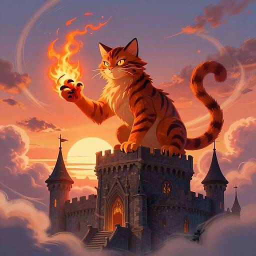 Fiery Mythical Feline-Dragon Perched