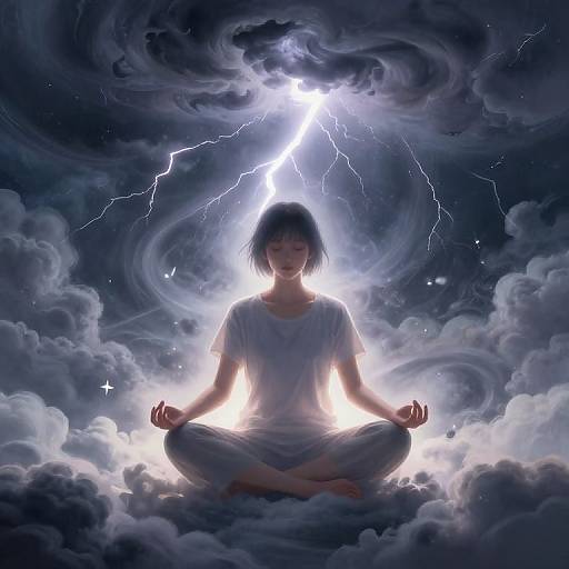 Digital art: Silhouetted woman in white sitting cross-legged on clouds, surrounded by dark, swirling clouds, and bright lightning in the background.