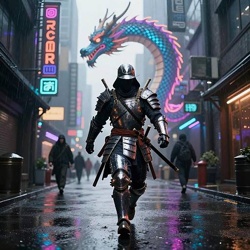 Cyberpunk street scene: armored samurai with faceless helmet, katana, and swords, walks under neon lights and a glowing dragon, rainy