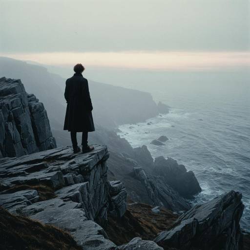 Lone Wanderer on Cliff Overlooking Misty Sea