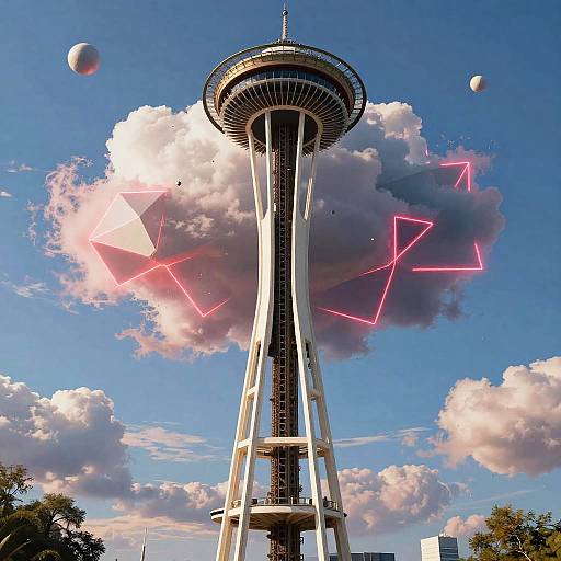 Photograph of Seattle's Space Needle with neon pink geometric light trails against a blue sky with fluffy clouds and two white spheres. Trees and buildings in the