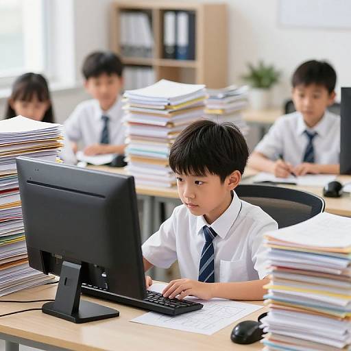 Photograph of three Asian schoolboys in white shirts and blue ties, focused on computers, surrounded by stacks of colorful papers. Bright office setting with book
