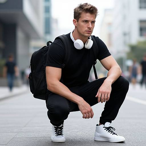 Photograph of a muscular, light-skinned man with short brown hair, squatting on a city street, wearing black t-shirt, black pants,