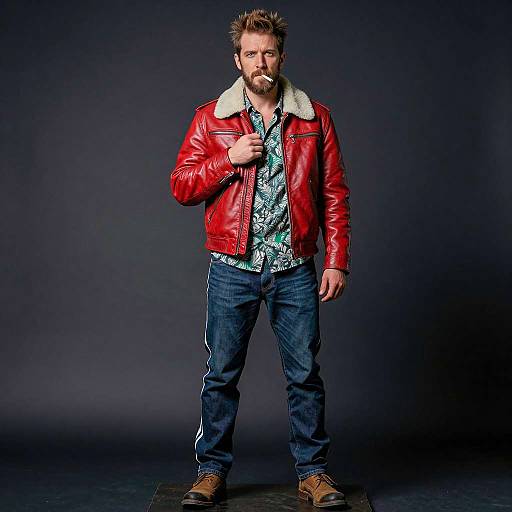 Man in Red Leather Jacket Smoking