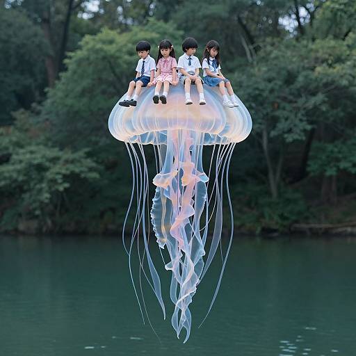 Children on Ethereal Jellyfish Above Forest