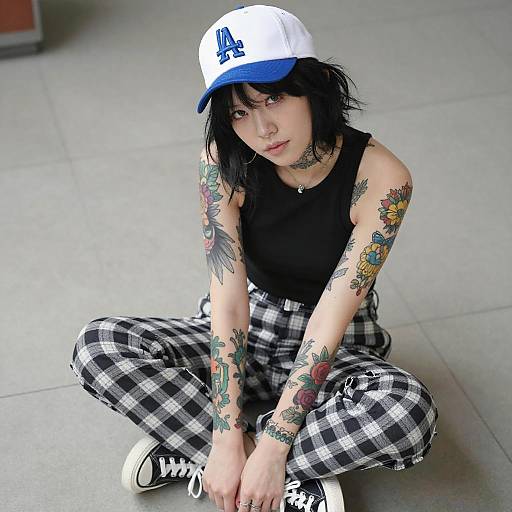 Tattooed Woman Sitting on Tiled Floor