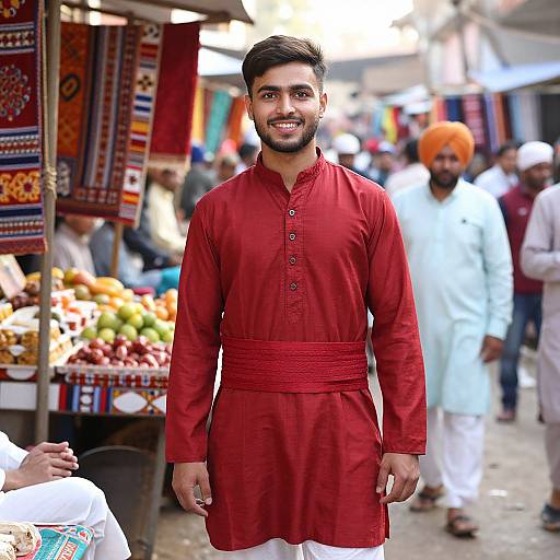 Photograph of a smiling South Asian man in a red kurta standing at a vibrant market stall with colorful textiles and fruits in the background.