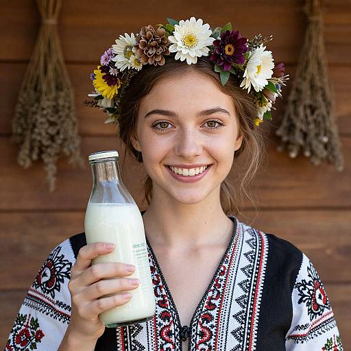 Photograph of a smiling young woman with a floral crown, holding a milk bottle, wearing a traditional embroidered dress, against a wooden backdrop with dried herbs