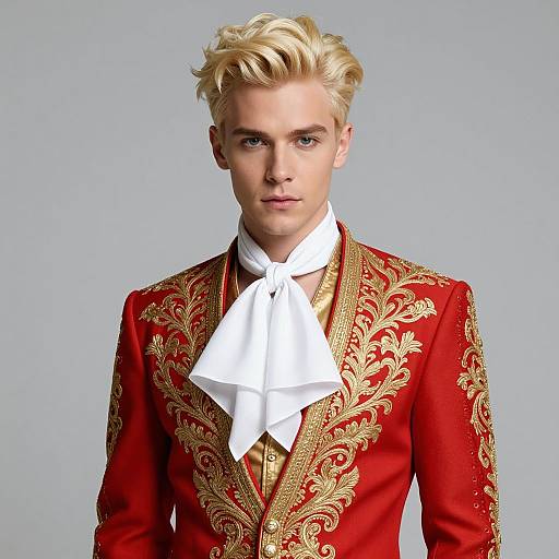 Photograph of a young man with blonde, styled hair wearing an elaborate red and gold ornate jacket with white cravat against a plain gray background