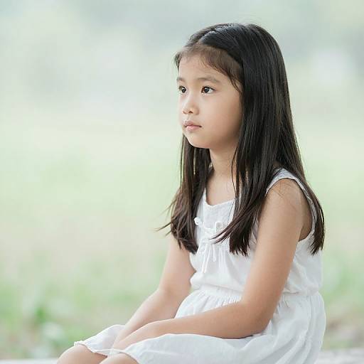 Photograph of a young Asian girl with long black hair, wearing a white sleeveless dress, sitting outdoors, gazing to the left. Blurred