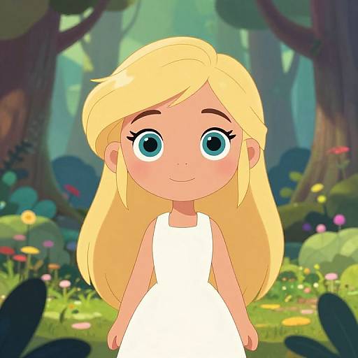 Cartoon-style image of a blonde, blue-eyed girl with large eyes, wearing a white dress, standing in a colorful, enchanted forest.