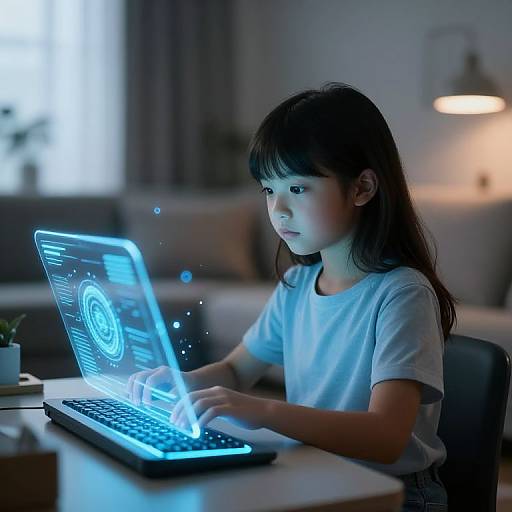 Photograph of a young Asian girl with long black hair, wearing a white t-shirt, intently working on a glowing blue laptop in a dimly