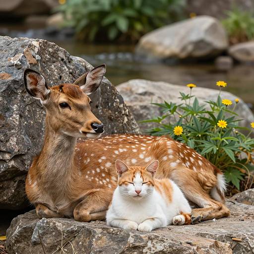 Deer and Cat Relaxing in Sunlight