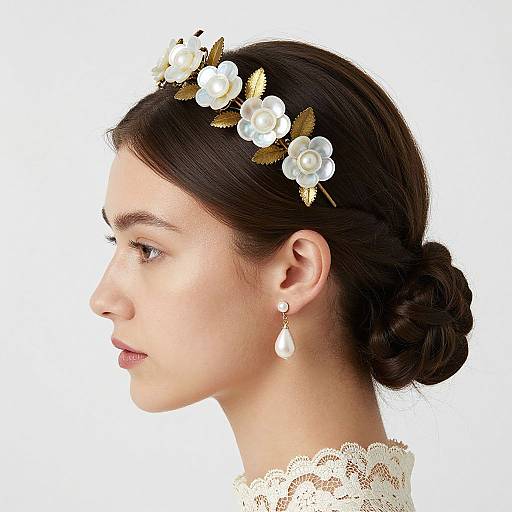 Photograph of a young woman in profile, wearing a white floral headband with gold leaves, pearl earrings, and lace collar, against a white background