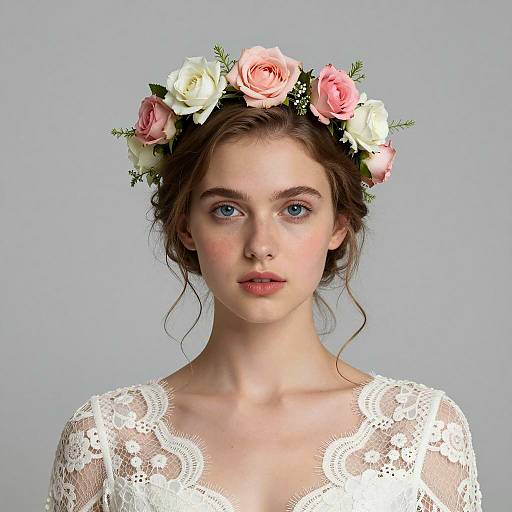Young Woman in Flower Crown and Lace Dress