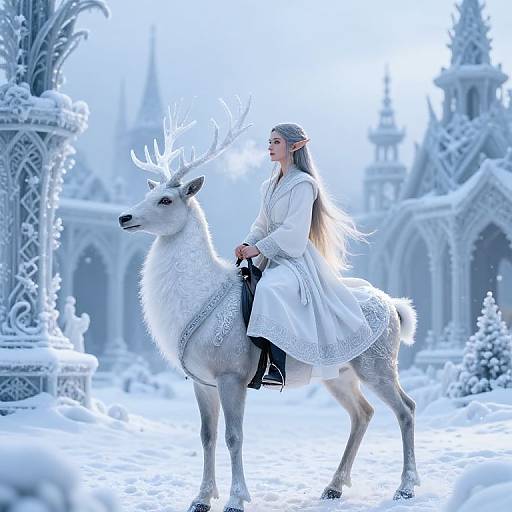 Fairy-like woman with long silver hair, white dress, and elf ears rides a white reindeer through a snowy, gothic cathedral. Digital art