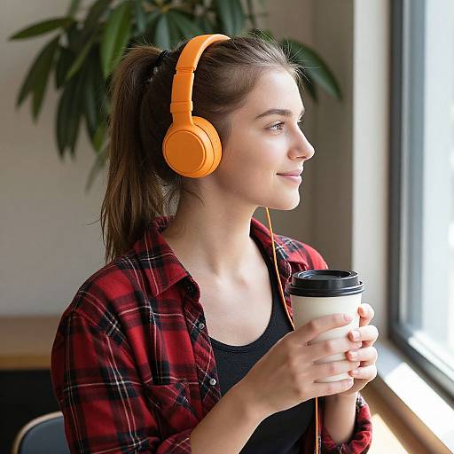 Photograph of a young woman with light skin and brown hair in a ponytail, wearing orange headphones, red plaid shirt, and black top,