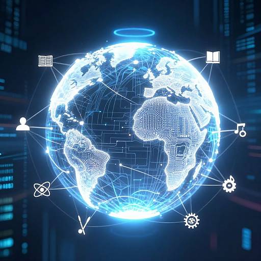 Digital illustration of glowing blue Earth with white wireframe continents, surrounded by tech icons (user, atom, gears, etc.) in a dark cityscape