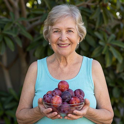 Photograph of an elderly white woman with short gray hair, wearing a light blue tank top, smiling while holding a glass bowl of ripe plums against