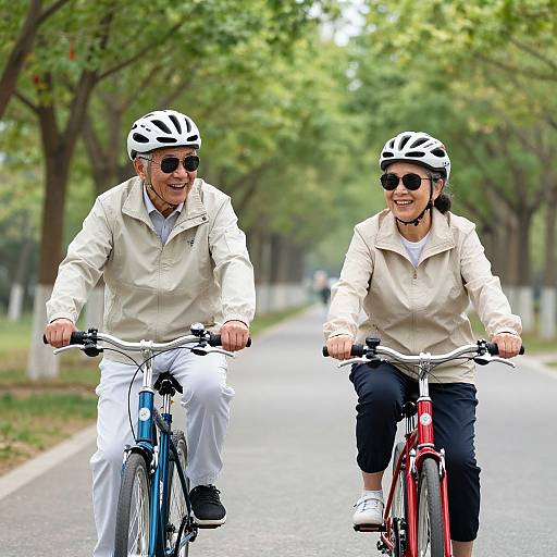 Joyful Elderly Duo Cycling Together