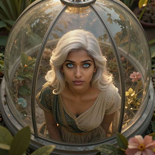 Photograph-like CGI of a woman with striking blue eyes, platinum blonde hair, and a beige saree, looking up from inside a glass dome surrounded