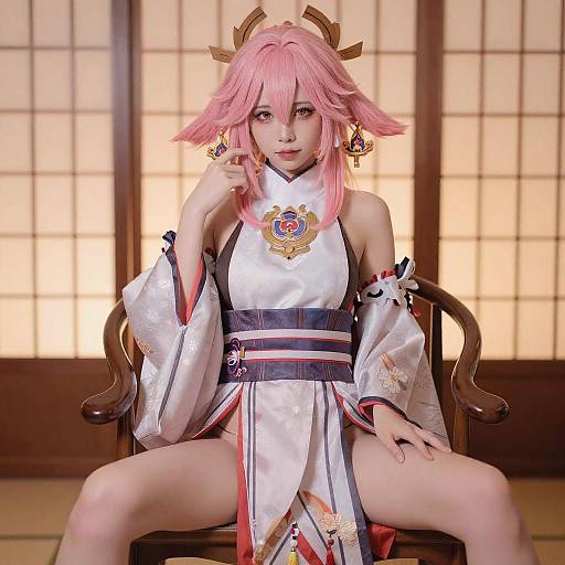 Pink-Haired Horned Cosplayer in Kimono