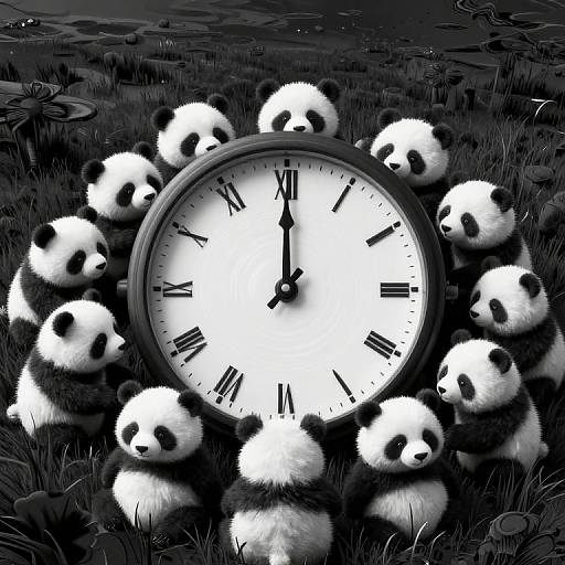 Digital illustration of twelve black-and-white panda cubs surrounding a large, circular clock with Roman numerals, set on dark grass. Clock shows 10