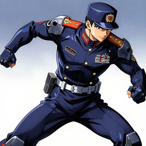 Digital anime-style drawing of a stern, muscular male police officer in a dark blue uniform, red shoulder epaulettes, and hat, ready to