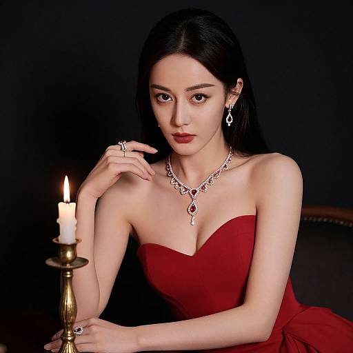 Photograph of an East Asian woman with long black hair, wearing a strapless red dress, necklace, earrings, and rings, holding a lit candle