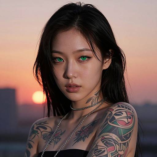 Photograph of an Asian woman with long black hair, green eyes, and numerous colorful tattoos, standing against a sunset sky, wearing a black strap top