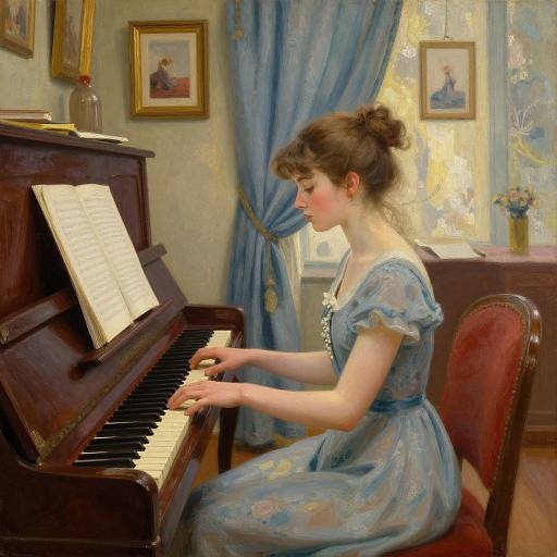 A delicate young woman with fair skin and brown hair in a bun, plays a dark wooden piano in a sunlit, Victorian-style room, wearing a