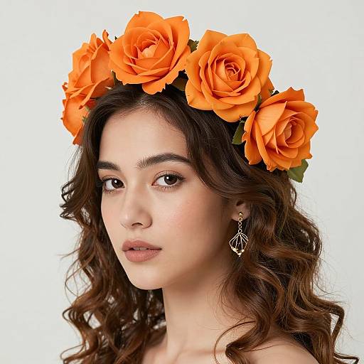 Photograph of a young woman with wavy brown hair, wearing an orange rose flower crown, and dangling earrings, against a white background.