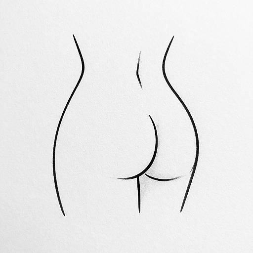 Minimalist black line drawing of a curvy, bare human buttocks, emphasizing smooth, flowing lines against a white background.