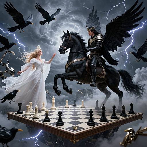 Digital fantasy artwork: White-clad goddess with crown faces black-winged armored warrior on rearing horse, amidst lightning, crows, floating chessboard