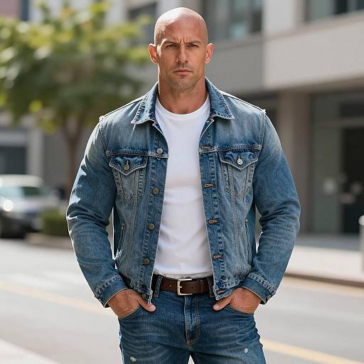 Bald Man in Denim Jacket and Jeans Outdoors