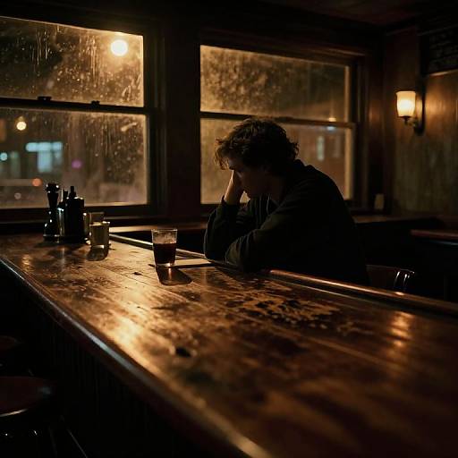 Photograph of a melancholic man with curly hair, sitting alone at a dimly lit, rain-streaked wooden bar, drinking a glass of