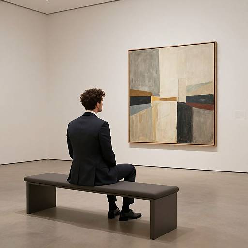 Photograph of a man in a black suit, sitting on a dark bench, viewing a large abstract painting with geometric shapes in a minimalist gallery.